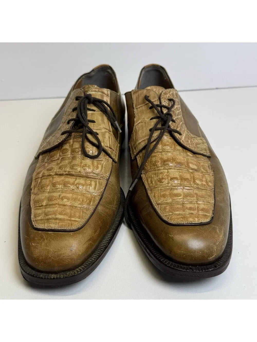 Vintage Caporicci Shoes Oxfords Sz 13 Brown Crocodile Leather Lace Up Italy Tan
